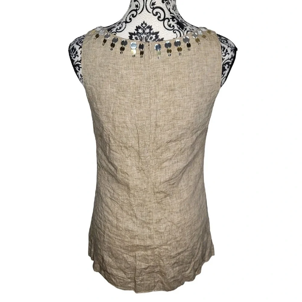 Tory Burch 100% Linen Size 6 Tan Embellished Sleeveless Blouse Top - Picture 3 of 5